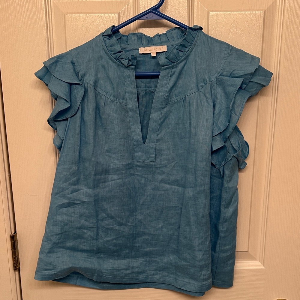 Olivaceous Blue Ruffle Sleeve Blouse